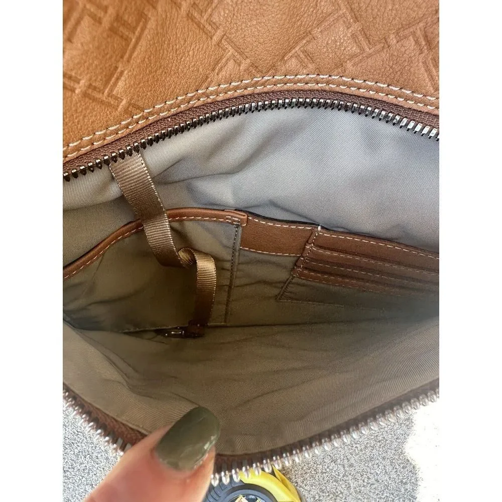Tumi Tote Bag Tan Embossed Leather Purple Nylon Monogram Travel‎ Work Bag